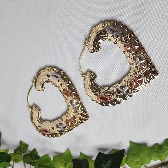 Statement Large Gold Filled Filigree Puff Heart Hoop Earrings Tricolor - Picture 6 of 6